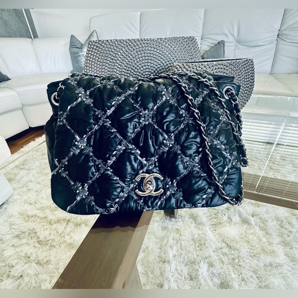 CHANEL Flap Quilted Nylon Tweed On Stitch Flap Bag Silver Hardware Handbag
